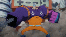 a cartoon character wearing a purple and orange outfit with the letter d on his chest