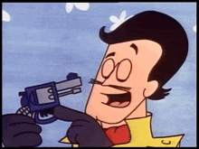 a cartoon character is holding a gun with the letter b on the barrel