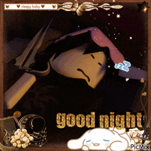 a picture of a person sleeping with the words good night written above them