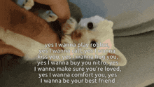 a person is petting a small white dog with a caption saying yes i wanna play roblox