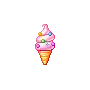 a pixel art of a pink ice cream cone with sprinkles on it .