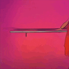 a woman in an orange dress is dancing in front of a pink background