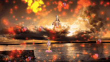 a painting of a sunset over a body of water with balloons floating in the air
