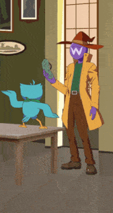 a cartoon drawing of a man and a bird with a w on their face