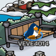 a penguin is sitting on a bench with the name veve4014 written below it