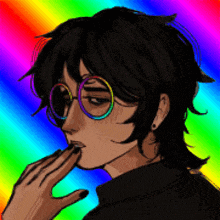 a drawing of a person wearing glasses with a rainbow background .