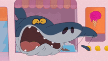 a cartoon shark with a pink ice cream cone behind him
