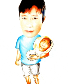 a cartoon drawing of a man holding a baby with his face on it