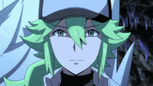 a close up of a person with green hair wearing a baseball cap