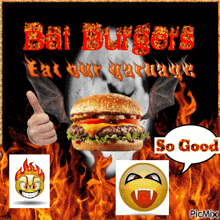 a picture of a hamburger with bat wings and the words bat burgers eat our garbage