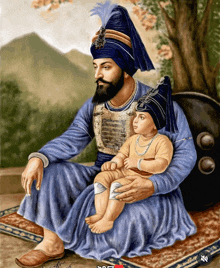a painting of a bearded man holding a small child with the letters ncr on the bottom right