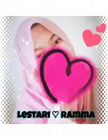 a girl with a pink heart in front of her face and the name lestari ramda