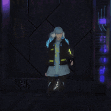 a girl with blue hair is standing in front of a question mark light