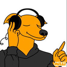 a cartoon drawing of a dog wearing headphones and a black hoodie with the name milli on it