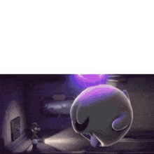 a cartoon character is standing in a dark room with a spotlight shining on it .
