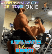 a picture of two men in a gym with the caption " wifey totally out of town okie let 's watch ball bro !!! "