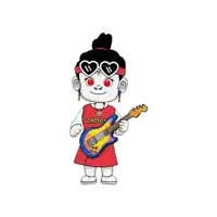 a cartoon of a girl holding a guitar and wearing a shirt that says ' zhong ' on it