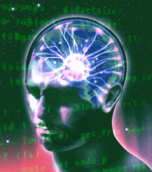 a computer generated image of a man 's head with a glowing brain and binary code behind it