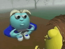 a blue cartoon character is standing next to a yellow cartoon character