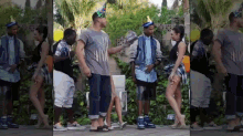 a man wearing a party hat is talking to a woman in a plaid skirt