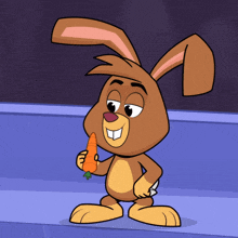 a cartoon bunny is holding a carrot in its hand
