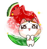 a cat holding a spoon next to a bowl of watermelon