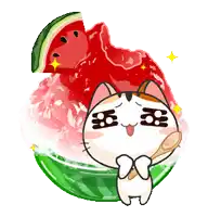 a cat holding a spoon next to a bowl of watermelon