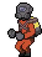 a pixel art of a person wearing a gas mask and orange jumpsuit