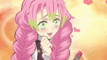 a girl with pink hair and green eyes is smiling and holding a sword