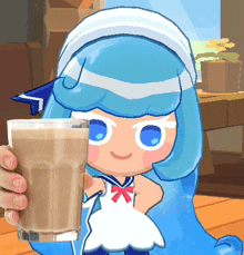 a cartoon character with blue hair is holding a cup of coffee