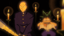 a cartoon drawing of a man and a boy with candles behind them
