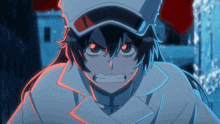 a close up of a person with red eyes
