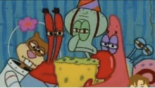 a group of cartoon characters including spongebob patrick and crab wearing party hats