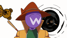a cartoon character with a purple head and a brown hat has the letter w on his face