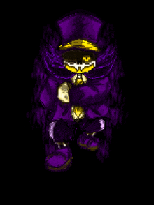 a pixel art of a cartoon character wearing a purple top hat and sunglasses .