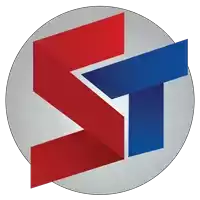 a red and blue logo with the letter t
