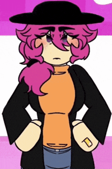 a cartoon girl with pink hair wearing a black hat