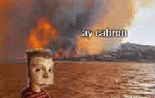 a cartoon character is standing in front of a fire .