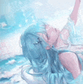 a girl with long blue hair is laying down in the water .