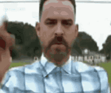 a man with a beard and mustache is wearing a blue plaid shirt .