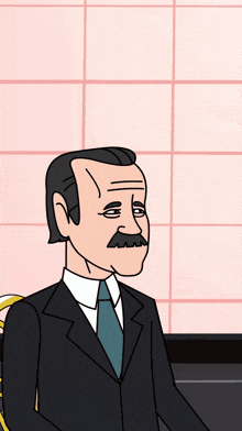 a cartoon drawing of a man with a mustache wearing a suit and tie