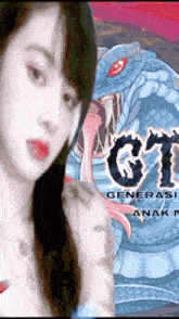 a woman is standing in front of a poster that says gt