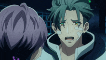 a man with a bandage on his face is talking to another man with purple hair