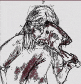 a drawing of a woman holding a bloody mask