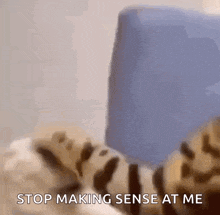 a cat is laying on a bed with the words stop making sense at me on the bottom