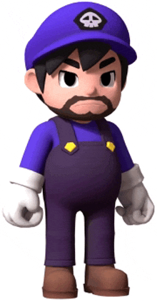a cartoon character with a beard wearing overalls and a purple hat with a skull on it