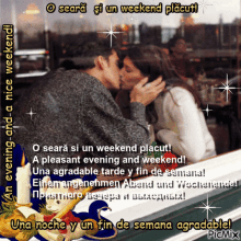 a picture of a man and a woman kissing with a caption that says o seara si un weekend placut