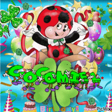 a cartoon ladybug is holding a box with the words cocomix birthday written on it