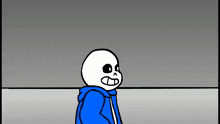 a cartoon of a skeleton wearing a blue hoodie is standing on a gray background .