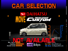 a car selection screen for a game called daihatsu move custom